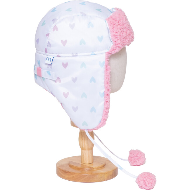 The Cozy Trapper Hat,Hearts Print with Cosmos Pink Sherpa Liner & Pompoms