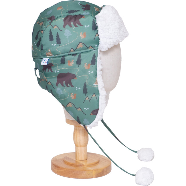 The Cozy Trapper Hat, Camping Trails Print with Coconut White Sherpa Liner & Pompoms