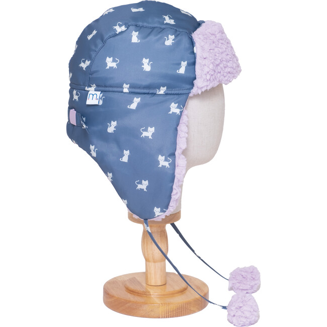 The Cozy Trapper Hat, Kittens Print with Orchid Sherpa Liner & Pompoms