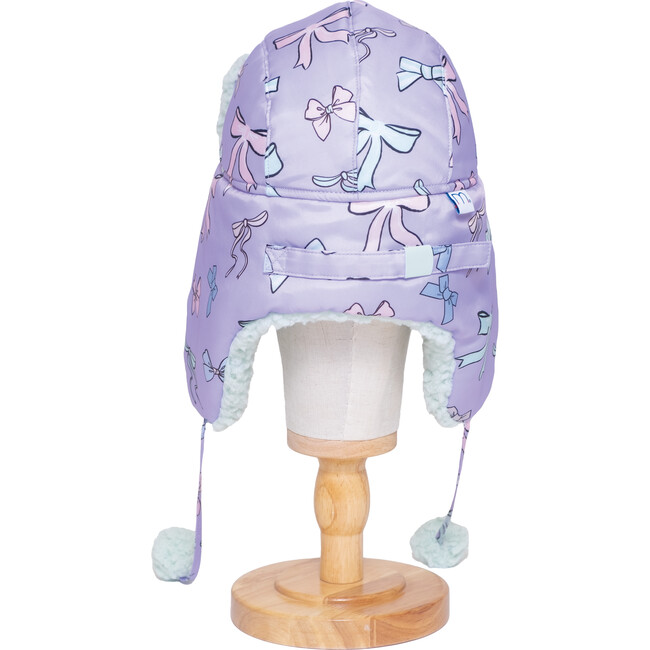 The Cozy Trapper Hat, Bows Print with Pale Aqua Sherpa Liner & Pompoms - Hats - 3