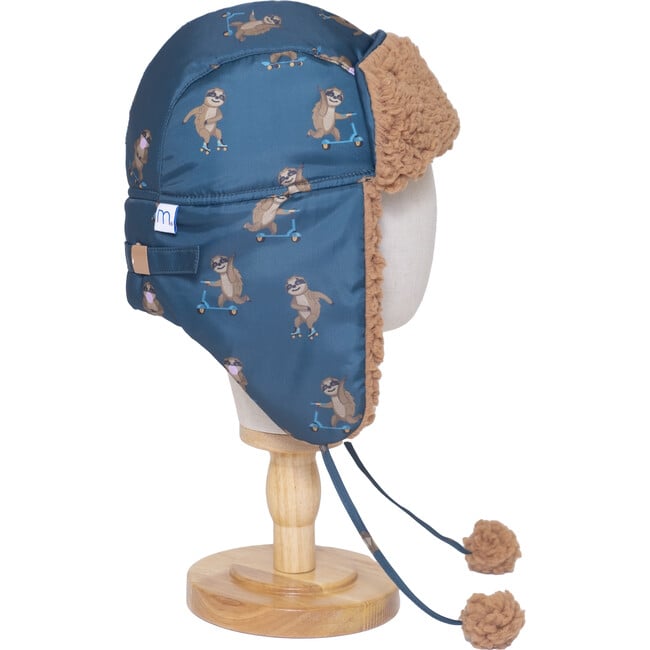 The Cozy Trapper Hat ,Skating Sloths Print with Curry Tan Sherpa Liner & Pompoms - Hats - 3