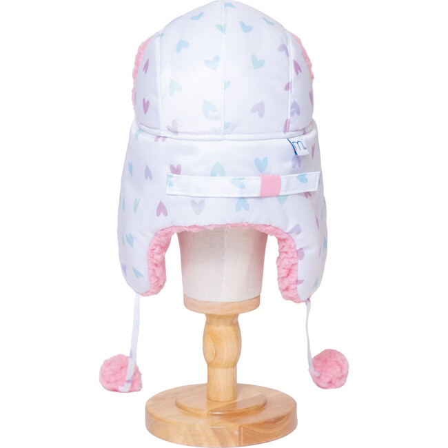The Cozy Trapper Hat,Hearts Print with Cosmos Pink Sherpa Liner & Pompoms - Hats - 3