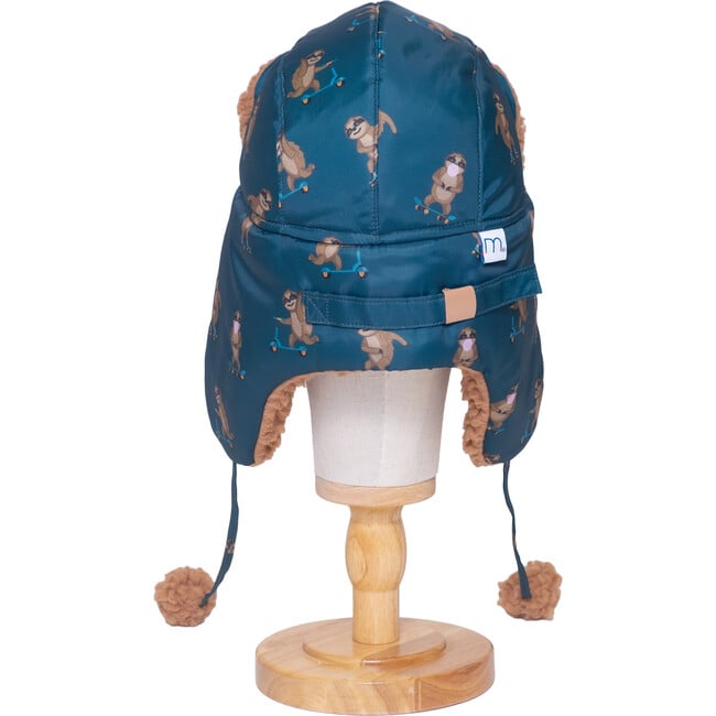 The Cozy Trapper Hat ,Skating Sloths Print with Curry Tan Sherpa Liner & Pompoms - Hats - 4