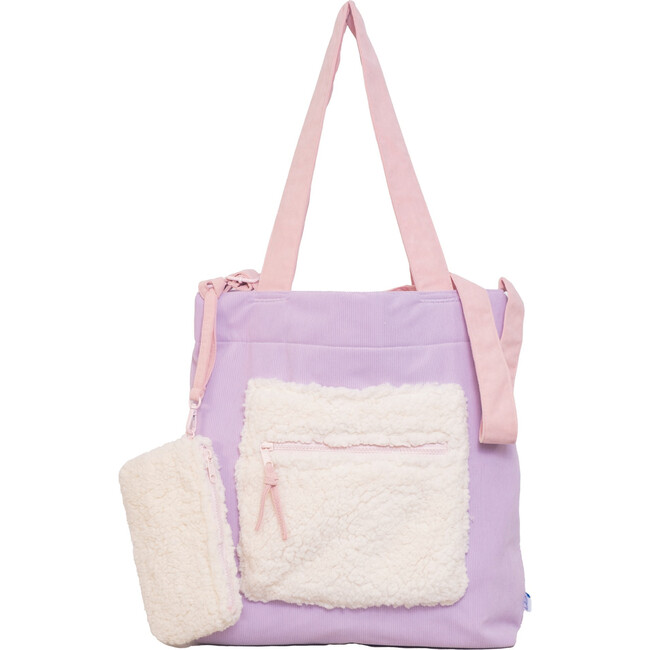 Color Block Tote – Corduroy & Sherpa Bag with Double Pockets + Cozy Coin Purse - Orchid - Bags - 4
