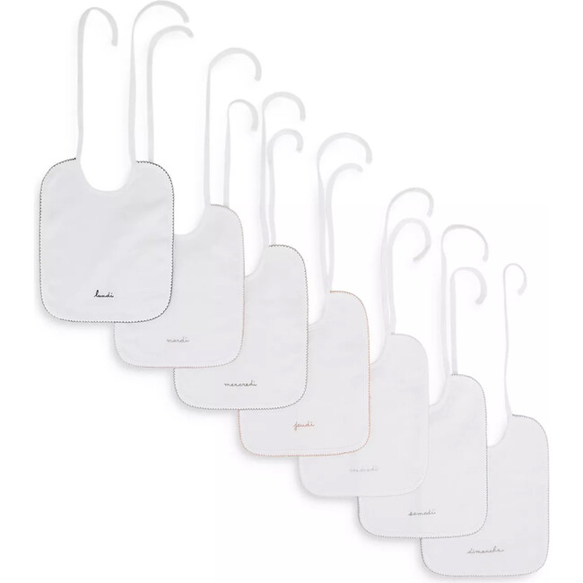 Embroidered Day Of The Week Bibs, Blanc