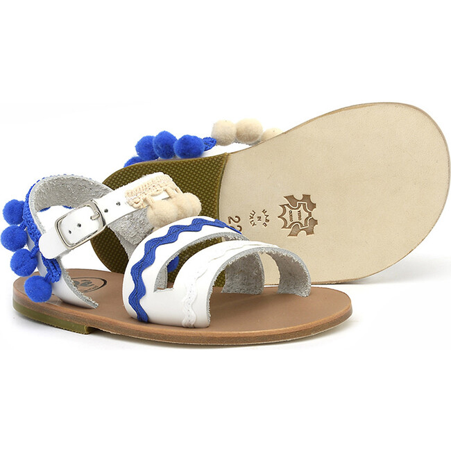 Buckled Pom-Pom Leather Sandals, White & Blue