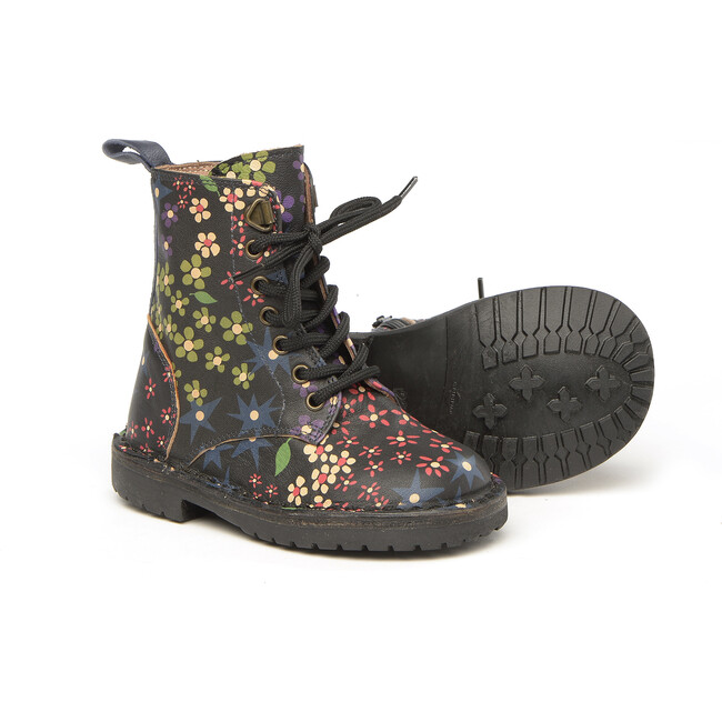 Flower Printed Leather Ankle Boots, Black