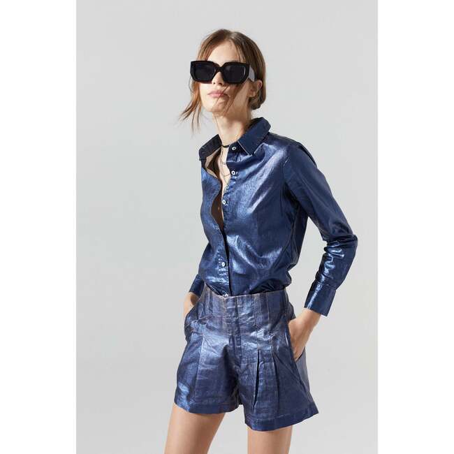 Frida Metallic Linen Shorts, Dark Blue Metallic Dark Blue