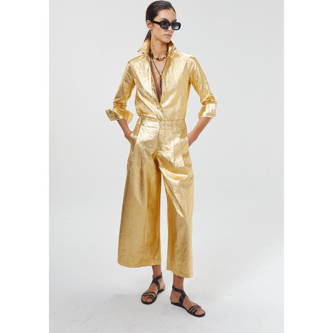 Culotte Metallic Linen Pants, Gold