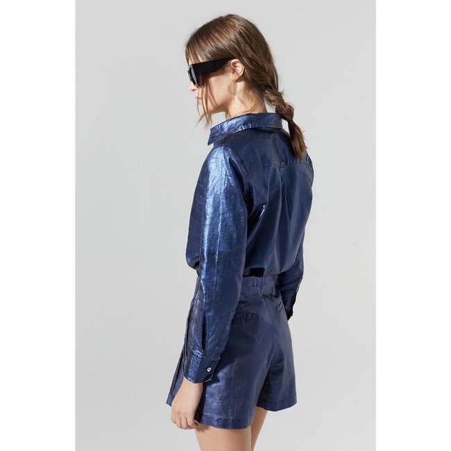 Frida Metallic Linen Shorts, Dark Blue Metallic Dark Blue - Pants - 3