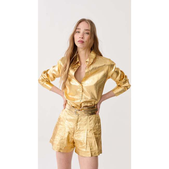 San Marino Metallic Linen Shirt, Gold - Blouses - 4