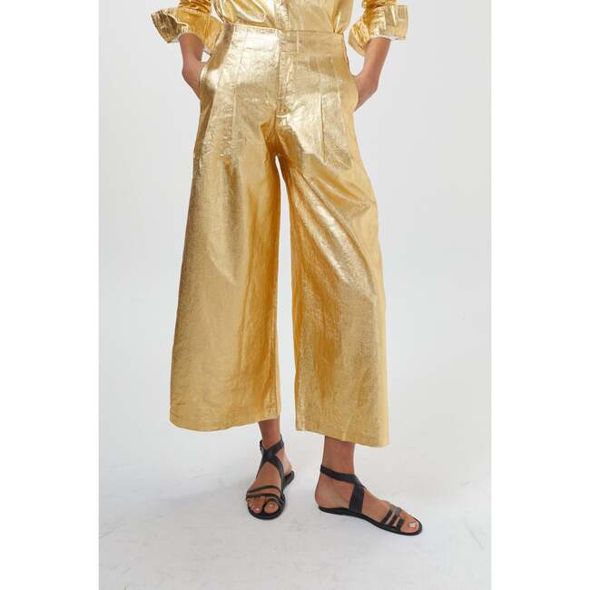 Culotte Metallic Linen Pants, Gold - Pants - 3