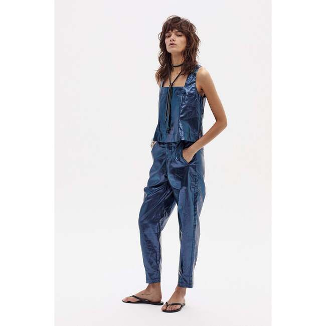 Anya Metallic Linen Pants, Metallic Dark Blue