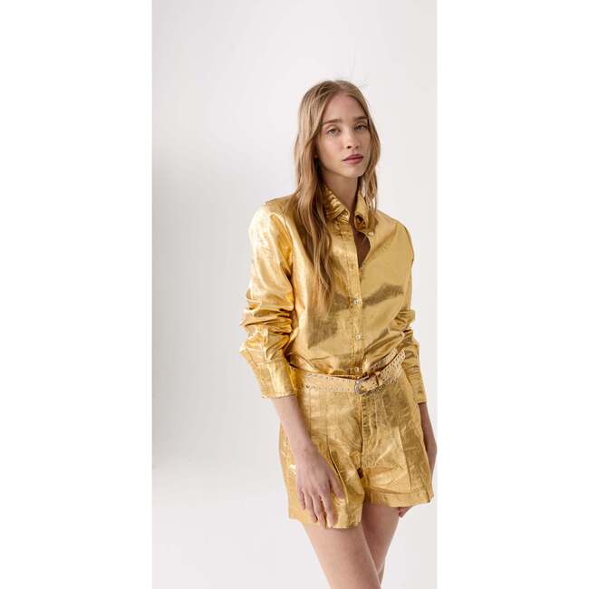 San Marino Metallic Linen Shirt, Gold - Blouses - 5