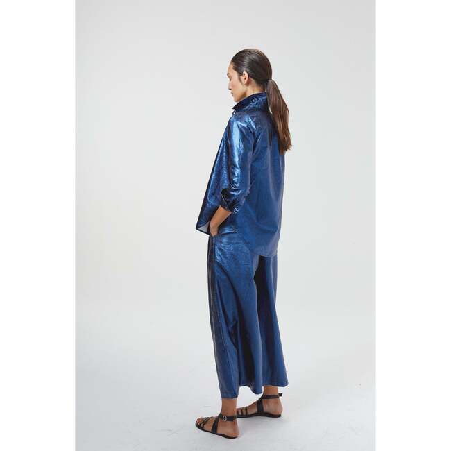 Culotte Metallic Linen Pants, Dark Blue Metallic