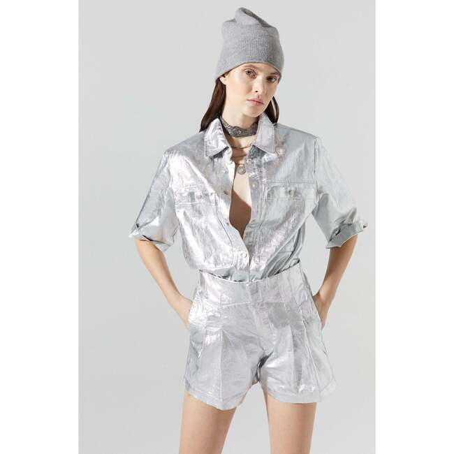 Frida Metallic Linen Shorts, New Silver