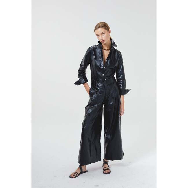 Culotte Metallic Linen Pants, Black Metallic