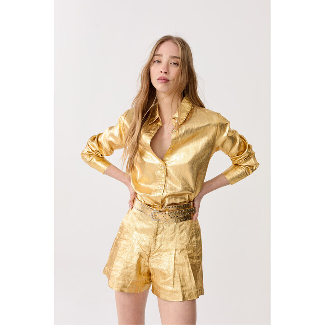 Frida Metallic Linen Shorts, Gold