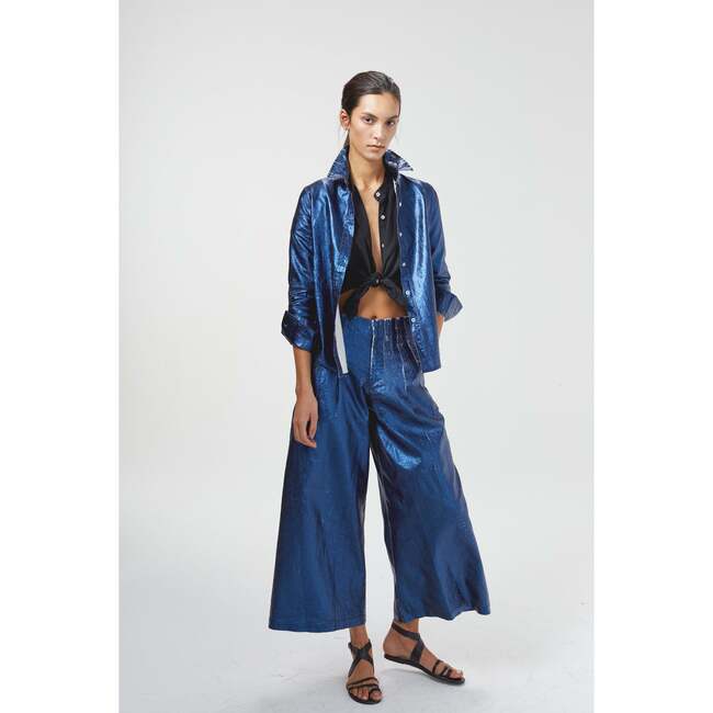 Culotte Metallic Linen Pants, Dark Blue Metallic - Pants - 4