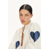 Cupid Linen Shirt, Off-white with Metallic Dark Blue Hearts - Blouses - 1 - thumbnail