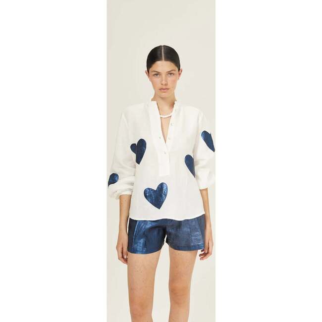 Cupid Linen Shirt, Off-white with Metallic Dark Blue Hearts