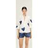 Cupid Linen Shirt, Off-white with Metallic Dark Blue Hearts - Blouses - 2