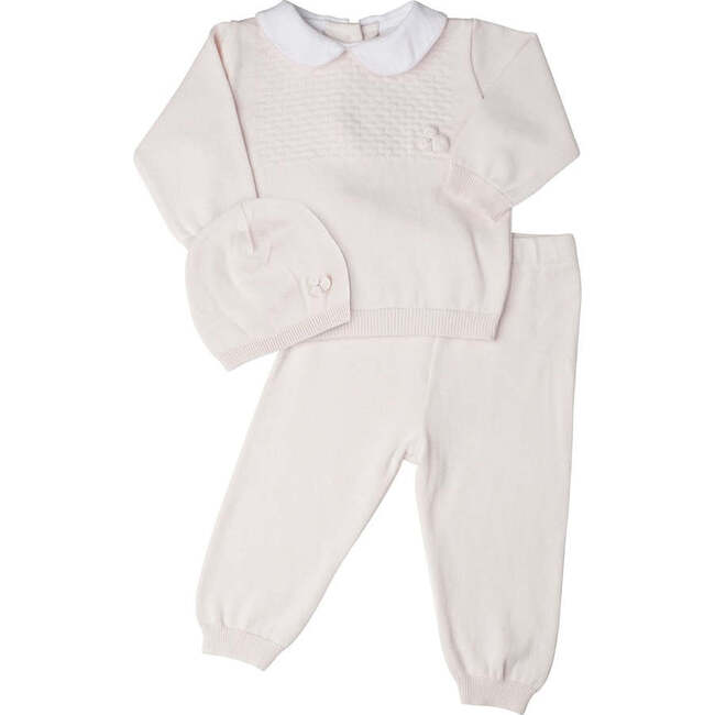 Girls Pique Collar Diamond Knit 2-Piece with Hat Pink