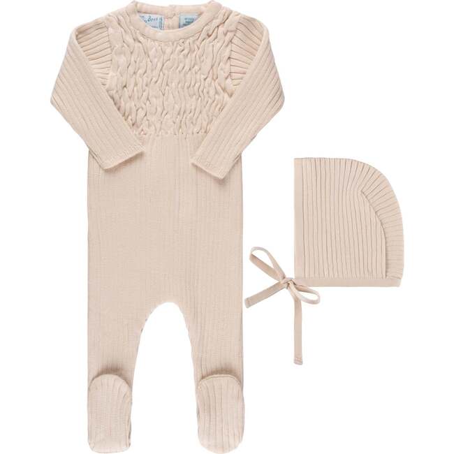 Baby Smocked Ribbed Knit Romper & Bonnet Ecru