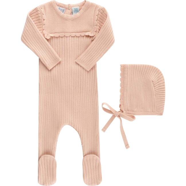 Scallop Trimmed Rib Knit Romper & Bonnet Ivory