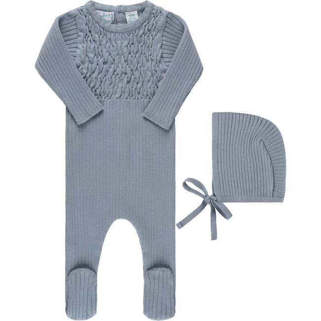 Baby Smocked Ribbed Knit Romper & Bonnet Vintage Blue