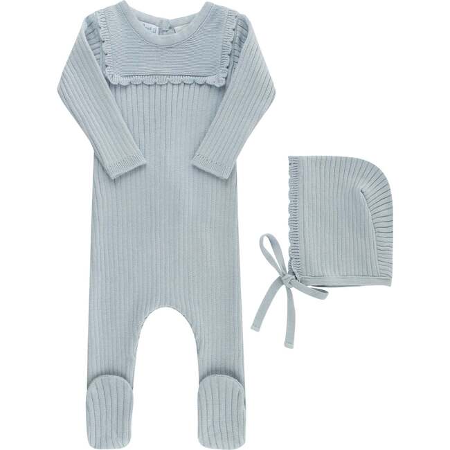 Scallop Trimmed Rib Knit Romper & Bonnet Powder Blue