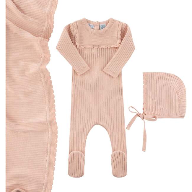 Scallop Trimmed Rib Knit Romper & Bonnet Ivory - Mixed Apparel Set - 3