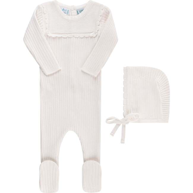 Scallop Trimmed Rib Knit Romper & Bonnet Ivory - Mixed Apparel Set - 4