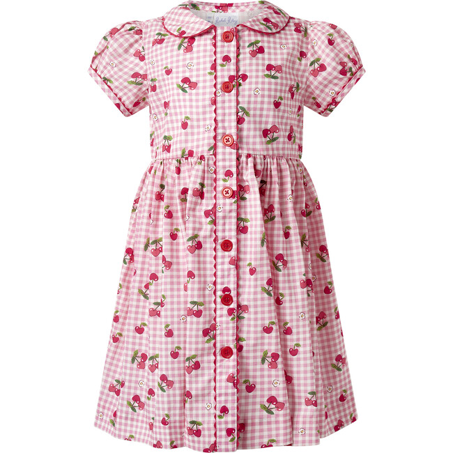 Gingham Cherry Button Front Dress, Pink