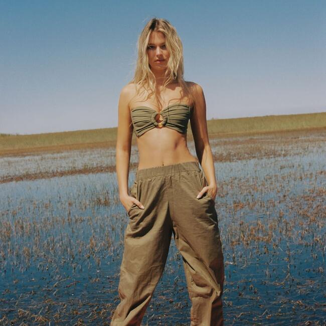 Tori Ties Bandeau Bikini Top, Khaki - Two Pieces - 6