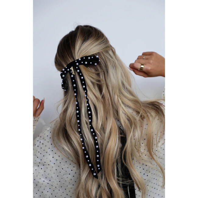 Black Skinny Velvet Pearl Bow - Hair Accessories - 3