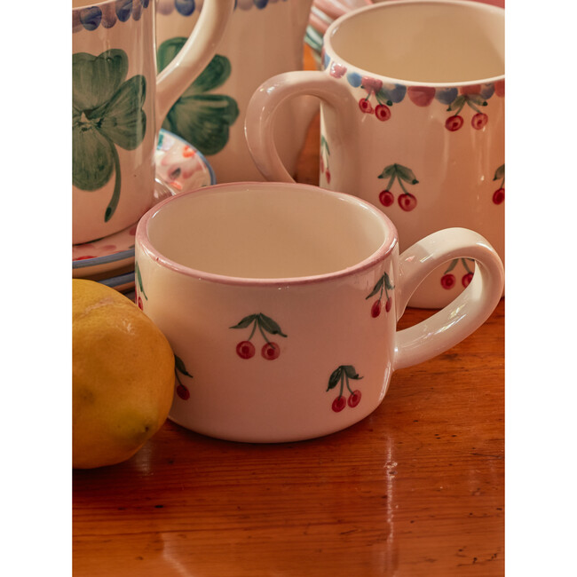 Ceramic Cappuccino Cup With Hand-Painted Cherries 200 ml, Cream