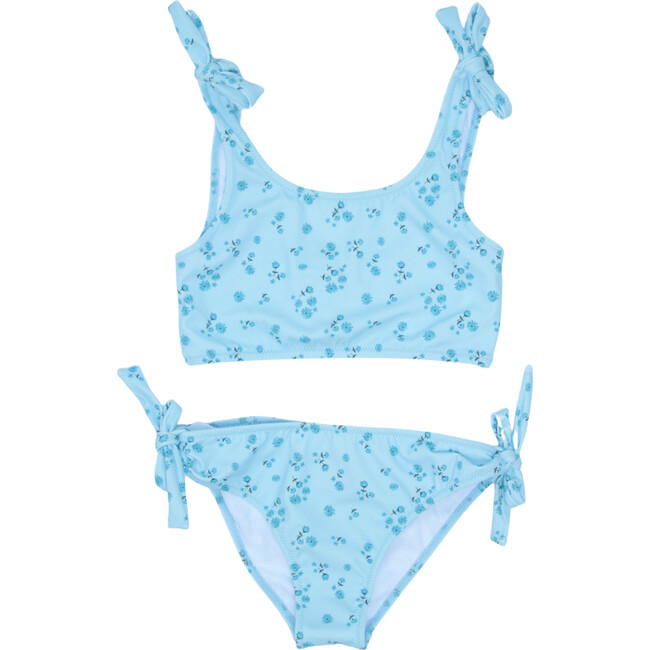 Two Piece Bikini Tie Shoulder Knot And Bottom Panty, Blue Petal