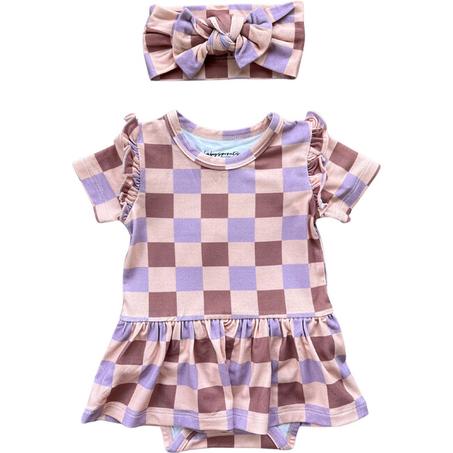 Girl's Short Sleeve Bodysuit Dress Set Checker in Burlwood