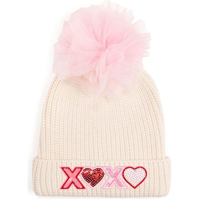 XOXO Sequin Patch Valentine's Day Pom Pom Beanie, Natural