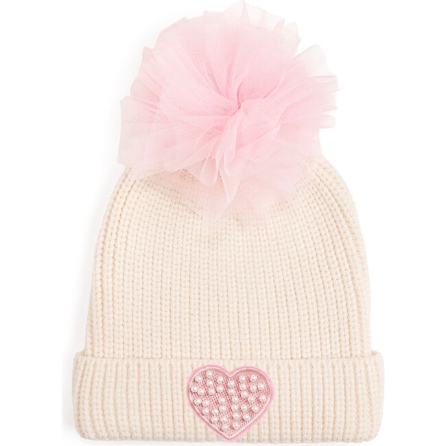 Pearl Heart Patch Pom Pom Beanie, Natural