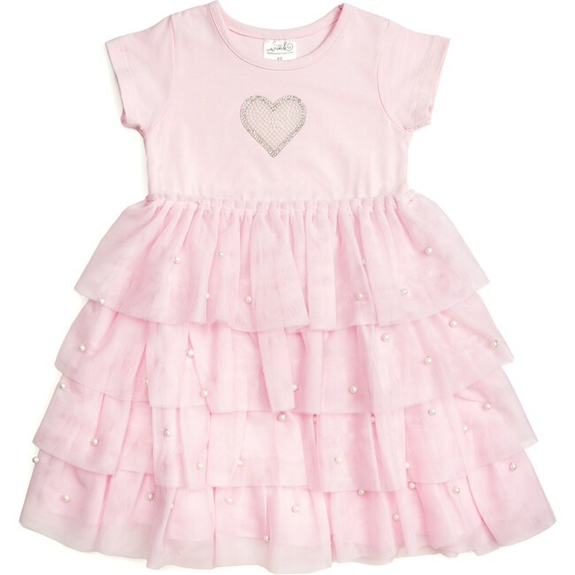 Pearl Heart Tiered Short Sleeve Tutu Dress, Pink