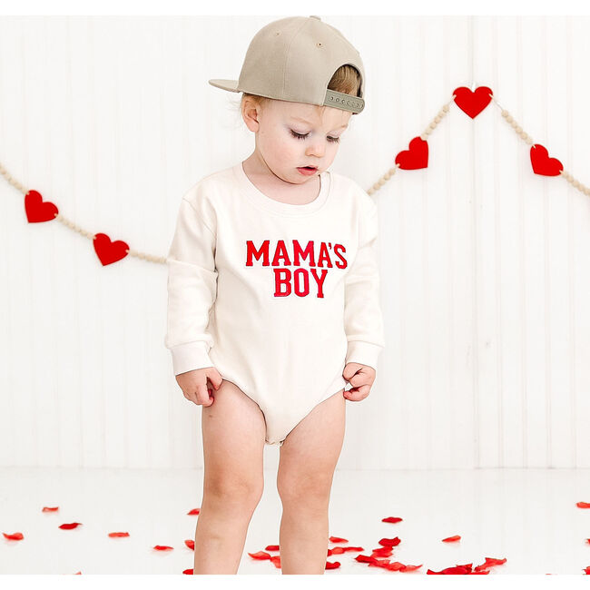 Mama's Boy Varsity Patch Valentine's Day Long Sleeve Romper, Natural