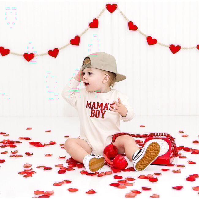 Mama's Boy Varsity Patch Valentine's Day Long Sleeve Romper, Natural - Rompers - 4