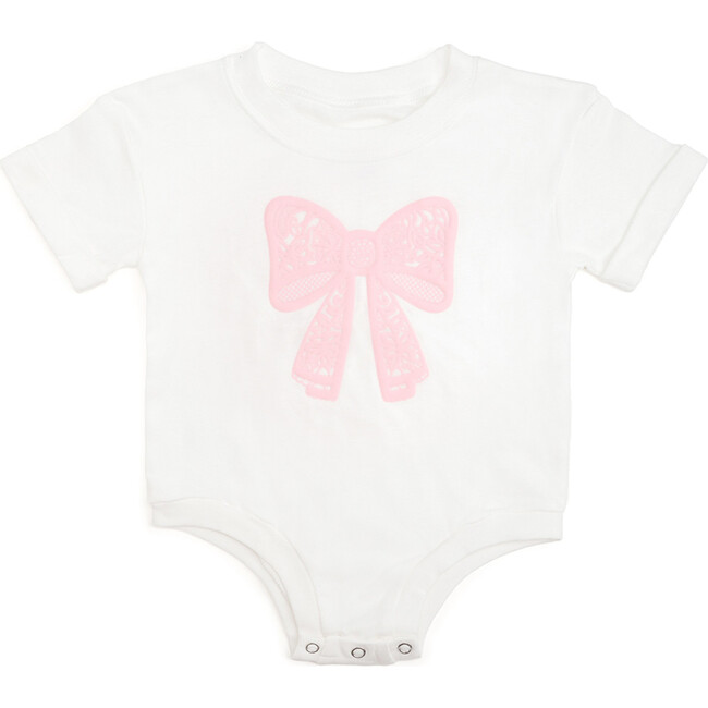 Lace Bow Puff Ink Short Sleeve Romper, White