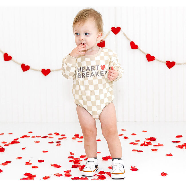 Heartbreaker Checkered Valentine's Day Long Sleeve Romper, Natural
