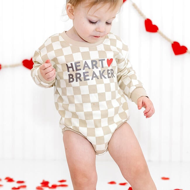 Heartbreaker Checkered Valentine's Day Long Sleeve Romper, Natural - Rompers - 3