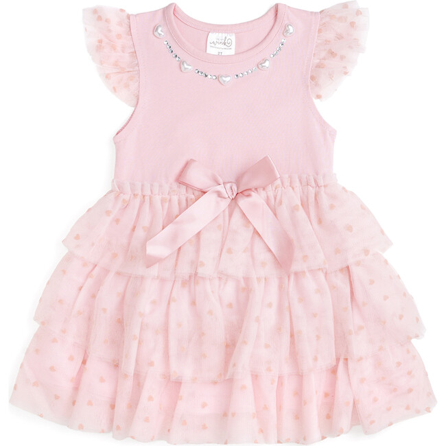 Flocked Heart Valentine's Day Tiered Short Sleeve Tutu Dress, Pink