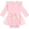 Flocked Heart Valentine's Day Tiered Long Sleeve Tutu Bodysuit, Pink - Dresses - 1 - thumbnail