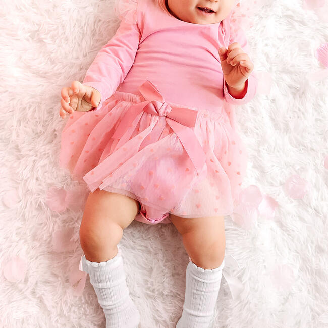 Flocked Heart Valentine's Day Tiered Long Sleeve Tutu Bodysuit, Pink - Dresses - 3